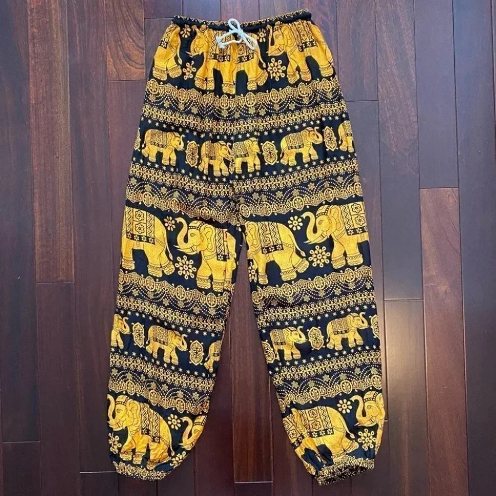 Black Gold Balloon Pants Flowy Draped Harem Joggers Elephant Print Size XS/S - Picture 10 of 15